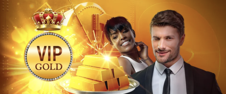 A picture off slotlands website showing a male holding a plate with gold bars on top of the plate and a female behind him, with the words "gold VIP"